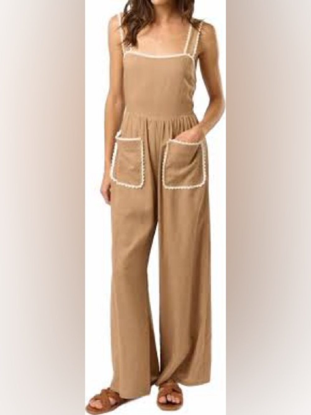 Vici Tan Wide-Leg Jumpsuit with Cream Trim